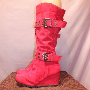2 Lips Too Red Faux Suede Knee High Wedge Boots Size 8